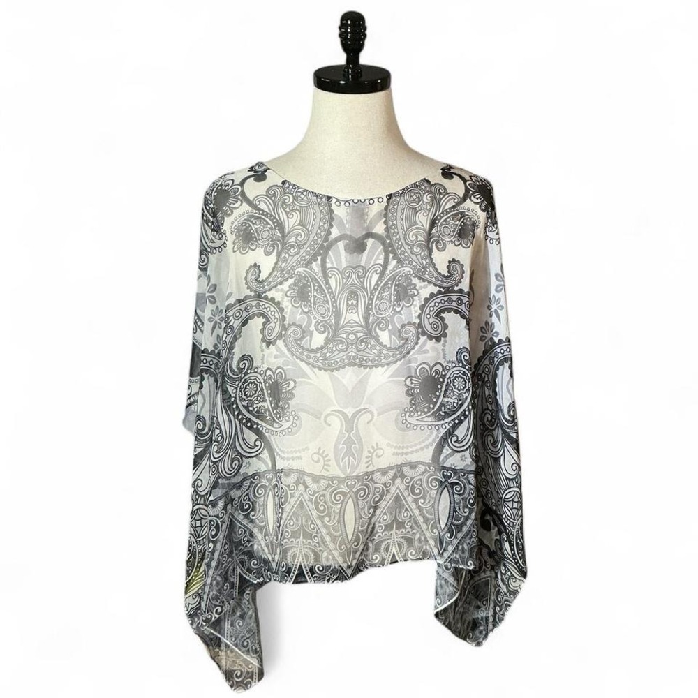Womens Sheer Paisley Kimono Black‎ White Boho Lightweight Cape Poncho